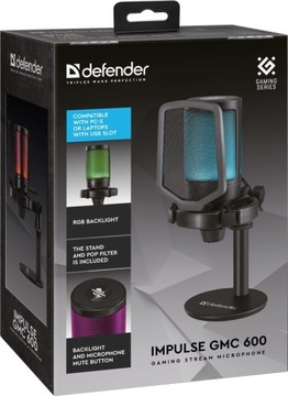 Mikrofon Defender PODŚWIETLANY RGB LED przewodowy USB typu C