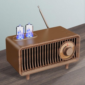 Radio Bluetooth w stylu retro z drewna z wbudowanymi głośnikami i wyraźnym kolorem światła