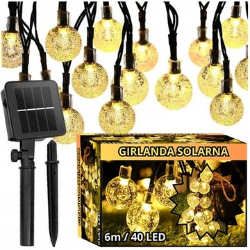 GIRLANDA OGRODOWA SOLARNA | LAMPKI SOLARNE KULE LED BIAŁY CIEPŁY 6M ZESTAW