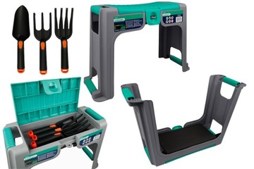 KRZESEŁKO DO PLEWIENIA pielenia PODKŁADKA klęcznik SCHOWEK +NARZĘDZIA 3 szt