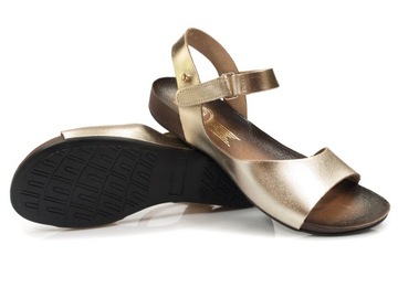 Złote sandały damskie Lemar na rzepy Skórzane na płaskim sandałki Rzymianki