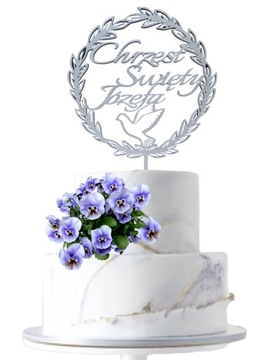 Topper NA TORT Chrzest Swiety z imieniem srebrny