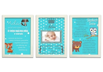 Комплект из 3 плакатов со свидетельствами о рождении формата А4 для детской комнаты.