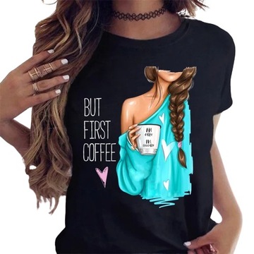 T-SHIRT DAMSKI GLAMOUR KOSZULKA BUT FIRST COFFEE XL