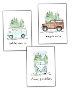3 x autorskie plakaty dla chłopca las auta samochody jeep ogórek boho a4