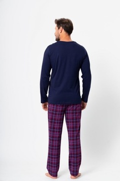 Granatowa długa piżama męska ze spodniami w kratę Hotberg EMILIO XXL