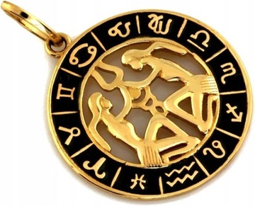 Złota zawieszka 585 wisiorek z czarną emalią znak zodiaku Bliźnięta 14k