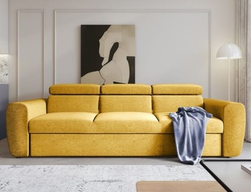 Modna musztardowa sofa z funkcją spania Napoli z zagłówkami.