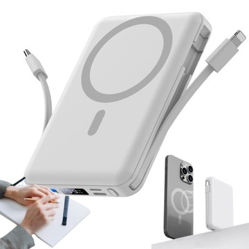 POWERBANK MAGNETYCZNY Z LIGHTNING TYPE-C USB-A 10000MAH PD 20W BIAŁY