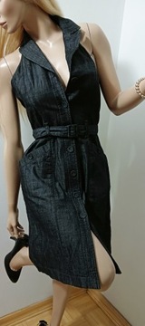 Orsay dżinsowa grafitowa sukienka zapinana na guziki zakładana na szyję 36