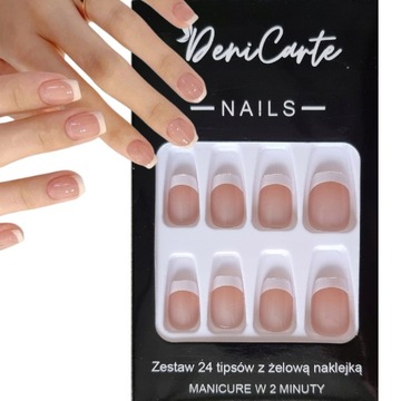 PAZNOKCIE SZTUCZNE TIPSY KWADRAT BIAŁY FRENCH NUDE SAMOPRZYLEPNE 24SZT