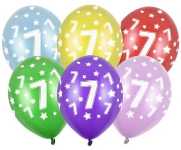 Balony z nadrukiem Cyfra 7 Siedem Urodziny Mix 6 sztuk