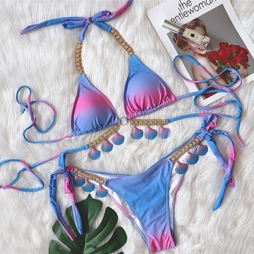 Halter Neck Triangle Bikini Sets, V Neck Ring-Linked Weaving Straps Tie