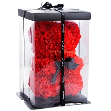 МИШКА С РОЗАМИ 30 СМ РОЗА МИШКА С ЛЕПЕСТКАМИ РОЗ БАНТ ПОДАРОЧНАЯ КОРОБКА КРАСНЫЙ