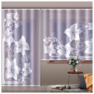 Firanka żakard biała LILIE kwiaty listki 170x250cm