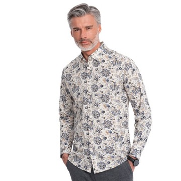 Pánska košeľa SLIM FIT floristický vzor béžovo-sivá V1 OM-SHPS-0139 L