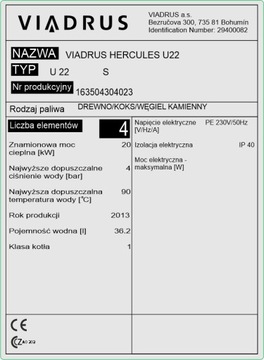 Tabliczka znamionowa na kocioł piec WIADRUS