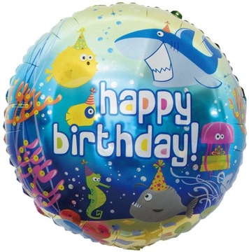 BALON FOLIOWY OKRĄGŁY HAPPY BIRTHDAY ZWIERZĘTA MORSKIE OCEAN REKIN RYBKI