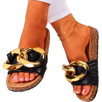 ТАПОЧКИ ЖЕНСКИЕ С ПРОБКОЙ, ЧЕРНЫЕ, ПРОФИЛИРОВАННАЯ ЦЕПОЧКА