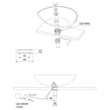 LEDRING oświetlenie pod szklane umywalki 12V, 1,2W