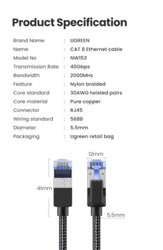 Przewód sieciowy UGREEN RJ45 Cat.8 Ethernet 1m