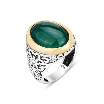925K Jade Stone Silver Men's Ring, Turkish Handcrafted Silver Ring