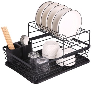 СУШИЛКА ДЛЯ ПОСУДЫ, СТОЛОВЫЕ ПРИБОРЫ, ЧАШКИ, КАПЕЛЬНИК, ДВУХУРОВНЕВОЙ ПОДДОН, ЧЕРНЫЙ