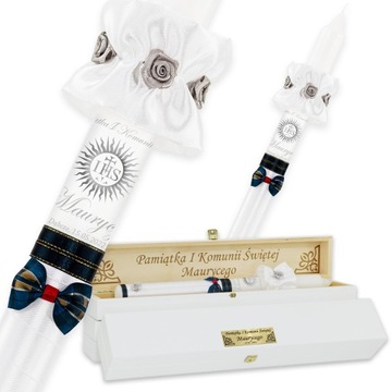 ŚWIECA KOMUNIJNA ŚWICA KOMUNIA + DREWNIANE PUDEŁKO ŚWIECY BIAŁE IMIĘ GRAWER