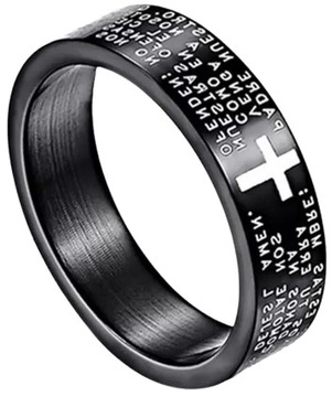 CZARNY Pierścień Sygnet, Krzyż Biblia STAL PUNK