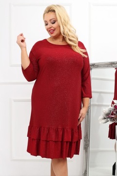 Bordowa Sukienka Koktajlowa Plus Size z falbanką r. 46/48