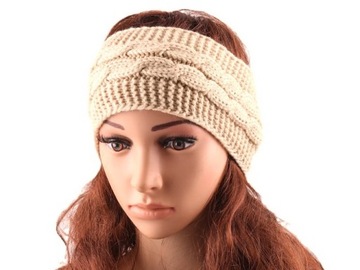 Beżowa Opaska na Głowę Uszy do Włosów Zimowa Turban Szeroka Ciepła Dzianina