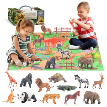 Zwierzęta safari zestaw figurki drzewa zoo akcesoria + mata