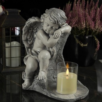 DUŻY SZARY ANIOŁ GIPSOWY + ŚWIECA FIGURKA NAGROBNA Podstawka pod ZNICZ
