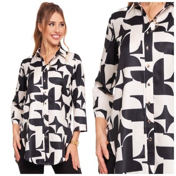 KOSZULA DAMSKA DŁUGA RĘKAW 3/4 ELEGANCKA GEOMETRYCZNE WZORY KOBIECA MORAJ M
