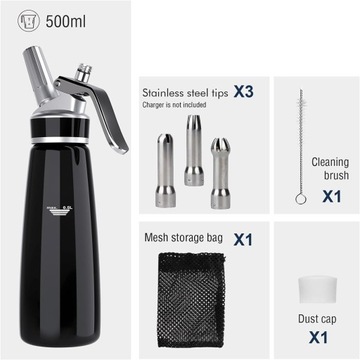 АЛЮМИНИЕВЫЙ СИФОН ДЛЯ ВЗБЕННЫХ СЛИВОК ОБЪЕМОМ 500 МЛ С 3 НАКОНЕЧНИКАМИ ИЗ НЕРЖАВЕЮЩЕЙ СТАЛИ