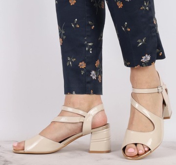 Piękne eleganckie sandały beżowe na obcasie skórzana wkładka Jezzi ROZ. 40