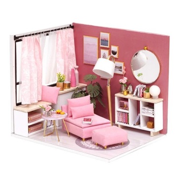 Drewniany mini domek DIY, zestaw z mebelkami, LED