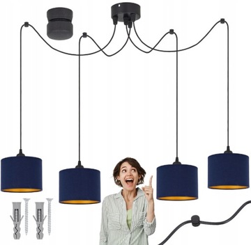 LAMPA WISZĄCA SUFITOWA PAJĄK ABAŻUR GRANATOWY-ZŁOTY TKANINA LED