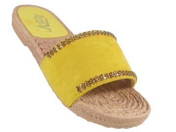 Żółte klapki damskie z cyrkoniami płaskie buty 41