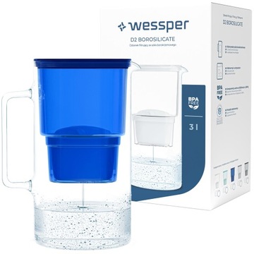 DZBANEK SZKLANY WESSPER D2 BOROSILICATE 3l + 1x FILTR WKŁAD WODY WESSPER