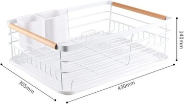 БЕЛАЯ ПОДСТАВКА ДЛЯ СУШКИ ПОСУДЫ, КАПЕЛЬНИЦА С ПОДДОНОМ, ДЕРЕВЯННЫЕ РУЧКИ