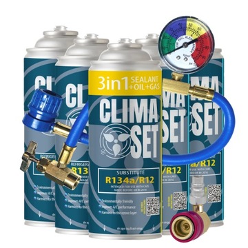 ClimaSet 3w1 + 4x gaz R134a do klimatyzacji z przewodem i adapterem 2,15 kg