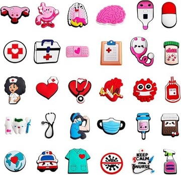 30 SZT. PRZYPINKI DO BUTÓW CROCS – OZDOBY MEDYCZNE, CHARMSY, PINY