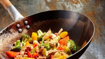 WOK Azjatycka Patelnia Głęboka Duża Stal Węglowa Płaski Spód TYLKO GAZ 35cm