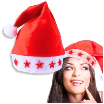 MIKOŁAJKI CZAPKA ŚWIĄTECZNA Z POMPONEM MIKOŁAJ CZERWONA LED GWIAZDKI