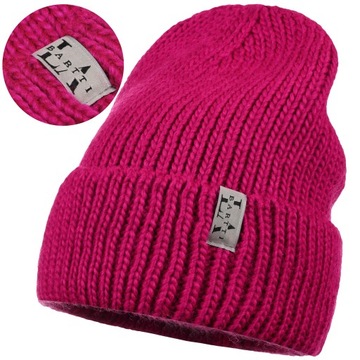 CZAPKA DAMSKA BEANIE WYWIJANA JESIEŃ ZIMA MAJKA WEŁNA 10% FUKSJA RÓŻ