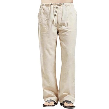 Lniane spodnie męskie proste oddychający materiał stylowe w kolorze khaki