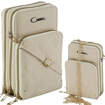 CAMBELL DAMSKA TOREBKA NA RAMIĘ SKÓRA EKOLOGICZNA BAG ZAMEK ORGANIZER ECRU