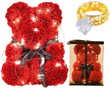 MIŚ Z RÓŻ PREZENT NA DZIEŃ KOBIET FLOWER BOX LAMPKI GRATIS