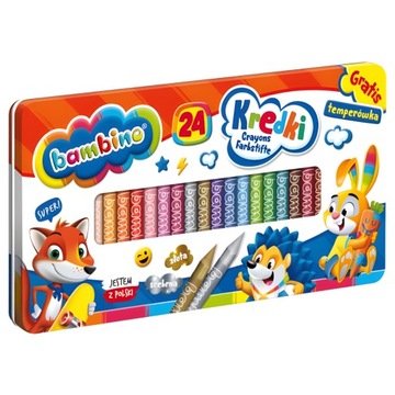 Kredki BAMBINO 24 kolory metalowe pudełko + temperówka ZWIERZAKI UCZNIAKI